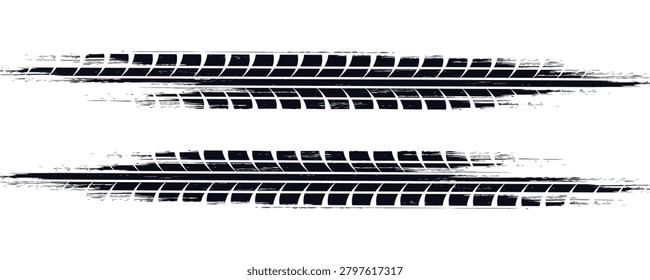 Auto tire tread grunge element. Car and motorcycle tire pattern, wheel tyre tread track. Black tyre print. Vector illustration isolated on white background.