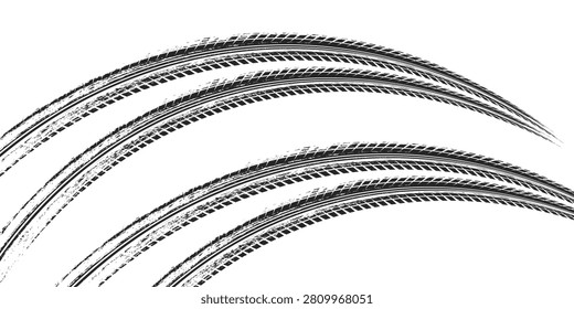 Auto tire tread grunge element. Car and motorcycle tire pattern, wheel tyre tread track. Black tyre print.