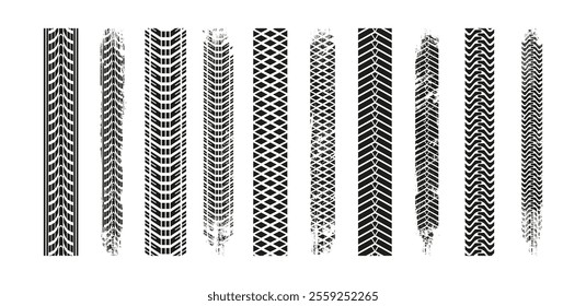 Auto tire tread grunge, flat set. Vector car and motorcycle wheel tyre patterns or tread track. Black print left be transport on road. Straight line with imprint on ground, messy or dirty