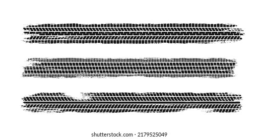Auto tire tread grunge set. Car and motorcycle tire pattern, wheel tyre tread track. Black tyre print. Vector illustration isolated on white background.