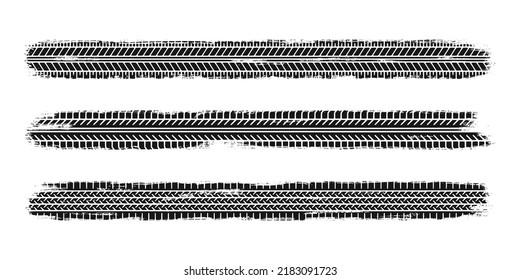 Auto tire tread grunge set. Car and motorcycle tire pattern, wheel tyre tread track. Black tyre print. Vector illustration isolated on white background.