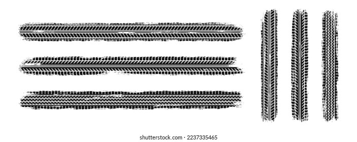 Auto tire tread grunge set. Car and motorcycle tire pattern, wheel tyre tread track. Black tyre print. Vector illustration isolated on white background.