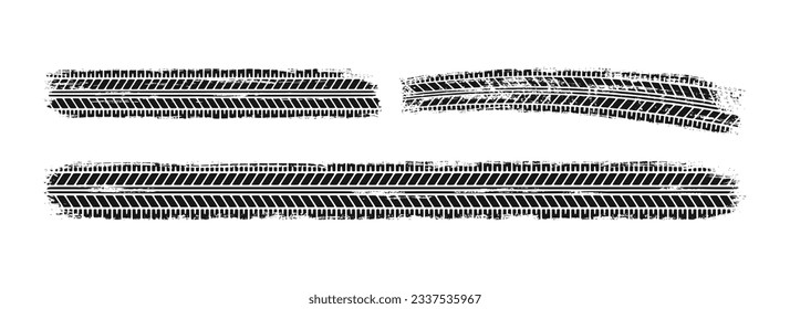 Auto tire tread grunge set. Car and motorcycle tire pattern, wheel tyre tread track. Black tyre print. Vector illustration isolated on white background.