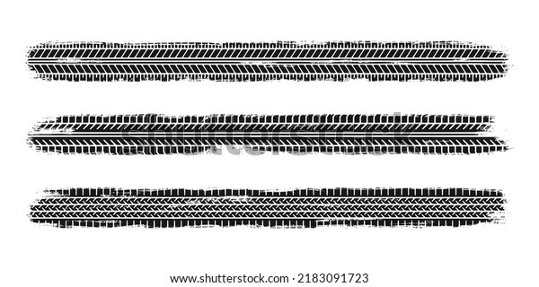 Auto tire tread grunge set. Car and\
motorcycle tire pattern, wheel tyre tread track. Black tyre print.\
Vector illustration isolated on white\
background.