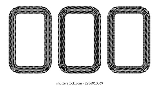 Auto tire tread rectangle frame. Car and motorcycle tire pattern, wheel tyre tread track print. Black tyre square border. Vector illustration isolated on white background.