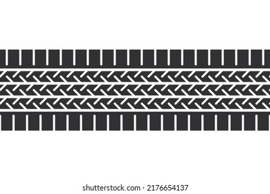 Tira automática del neumático sin fisuras. Patrón de neumático de coche, pista de rodadura de neumático de rueda. Impresión de neumáticos. Ilustración vectorial aislada en fondo blanco.