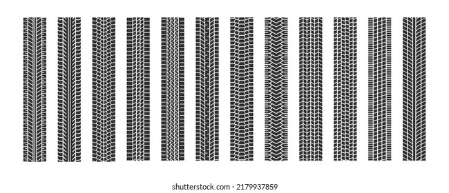 Auto tire tread seamless elements. Car tire patterns, wheel tyre tread track. Tyre print. Set of vector illustrations isolated on white background.