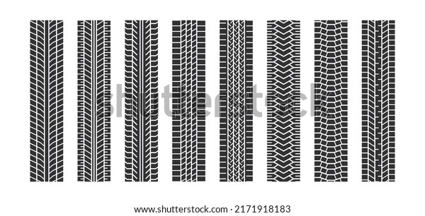 Auto tire tread seamless elements. Car tire\
patterns, wheel tyre tread track. Tyre print. Set of vector\
illustrations isolated on white\
background.