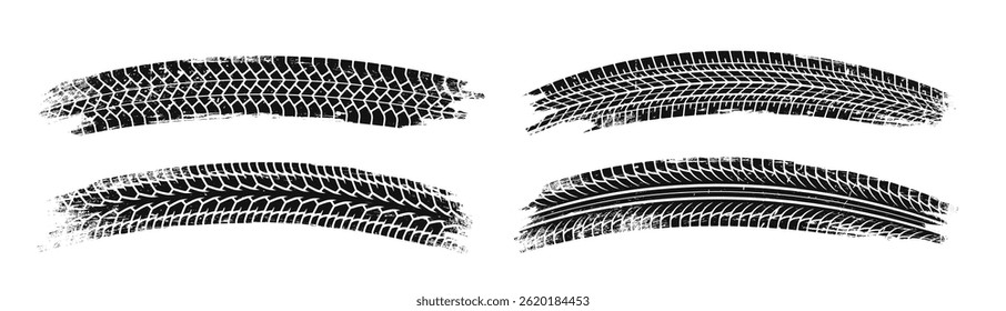 Auto tire tread set. Dark silhouettes of car or motorcycle tire prints. Vehicle skid marks. Design elements for posters. Black and white grunge vector illustration collection isolated on background
