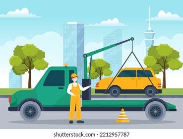 Auto Towing Car Using a Truck with Roadside Assistance Service in Template Hand Drawn Cartoon Flat Background Illustration