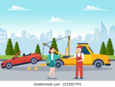 Auto-Schleppwagen mit einem Lastwagen mit Roadside Assistance Service in Vorlage handgezeichnet Cartoon flache Hintergrund-Illustration