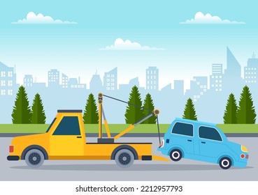 Auto Towing Car Using A Truck With Roadside Assistance Service In Template Hand Drawn Cartoon Flat Background Illustration