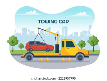 Auto Towing Car Using a Truck with Roadside Assistance Service in Template Hand Drawn Cartoon Flat Background Illustration