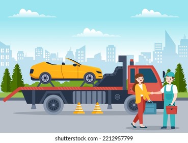 Auto-Schleppwagen mit einem Lastwagen mit Roadside Assistance Service in Vorlage handgezeichnet Cartoon flache Hintergrund-Illustration