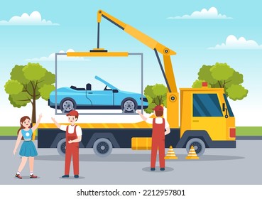 Auto Towing Car Using a Truck with Roadside Assistance Service in Template Hand Drawn Cartoon Flat Background Illustration