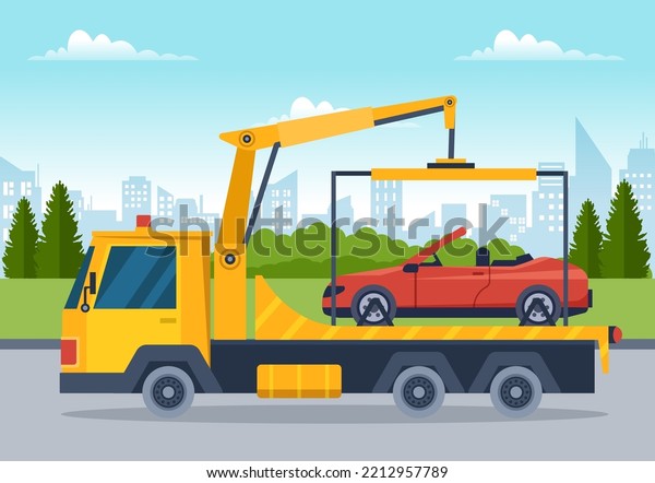 Auto Towing Car Using a Truck with Roadside\
Assistance Service in Template Hand Drawn Cartoon Flat Background\
Illustration