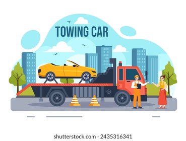 Auto Towing Car Vector Illustration Using a Truck with Roadside Assistance Service for Various Vehicles in Flat Cartoon Background Design