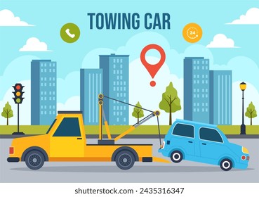 Auto Towing Car Vector Illustration Using a Truck with Roadside Assistance Service for Various Vehicles in Flat Cartoon Background Design