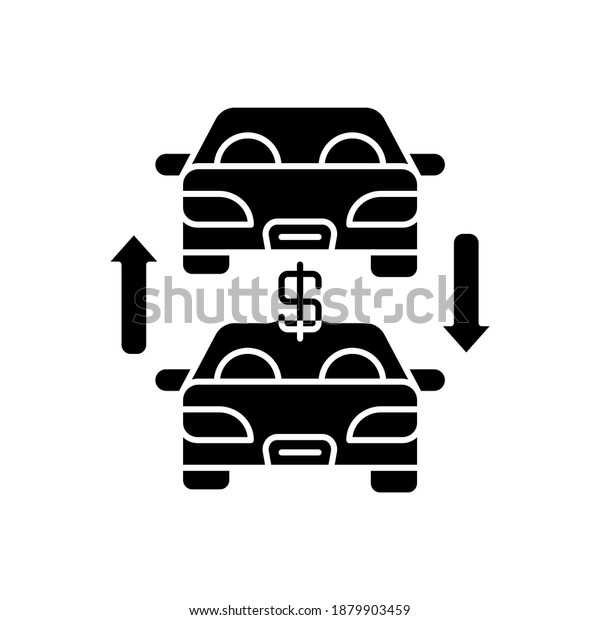 Auto trade black glyph icon. Car rental,\
automobile sale. Retail business silhouette symbol on white space.\
Dealership center with vehicle rent and exchange service. Vector\
isolated illustration