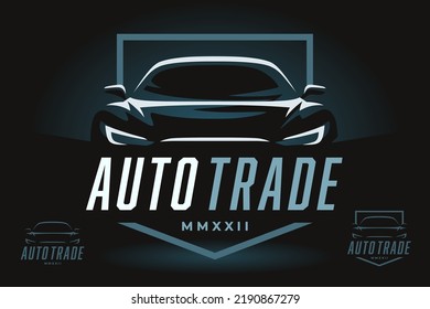 Auto trade car dealer logo emblem. Sports car silhouette shield icon. Motor vehicle dealership badge. Automotive showroom garage sign. Vector illustration.