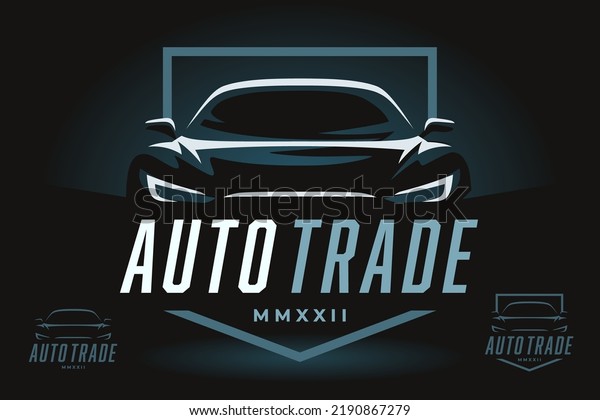 Auto trade car dealer logo emblem.\
Sports car silhouette shield icon. Motor vehicle dealership badge.\
Automotive showroom garage sign. Vector\
illustration.