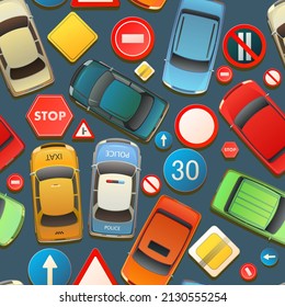 Tráfico automático sin problemas. Vista superior desde arriba. Asfalto oscuro. Autos y señales de tráfico. Caricatura de estilo divertido. Diseño plano. vector de ilustración.