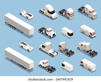 Auto transport freight commercial vehicles isometric icons set with trucks trailers lorries vans sport cars vector illustration  