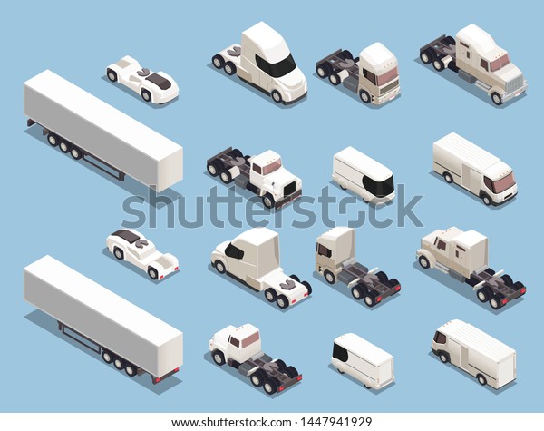 Auto transport freight commercial vehicles isometric\
icons set with trucks trailers lorries vans sport cars vector\
illustration  
