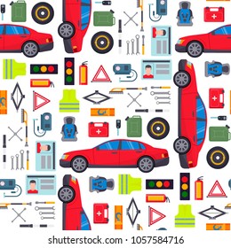 Auto transport vector motorist equipment transportation service car driver tools high detailed repair service seamless pattern background illustration.