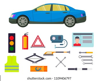 Auto transport vector motorist equipment transportation service car driver tools high detailed repair service illustration.