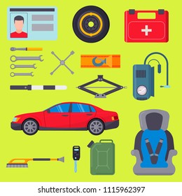 Auto transport vector motorist equipment transportation service car driver tools high detailed repair service illustration.