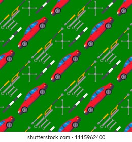 Auto transport vector motorist equipment transportation service car driver tools high detailed repair service seamless pattern background illustration.