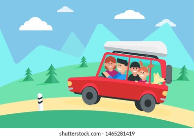 Auto travel flat vector illustration. Happy family with dog riding in automobile cartoon characters. Parents, kids traveling by car, background of mountains and forest. Road trip, tourism and vacation