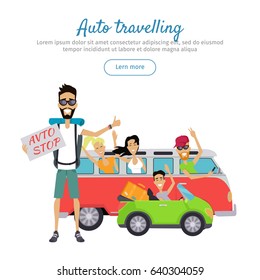 Auto traveling web banner. Flat style vector. Journey on car with friends. Hitch-hiking traveler. Smiling driver on cabriolet traveling with stuff. For summer vacation concepts, car rental ad
