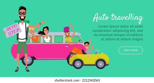 Auto travelling conceptual banner. Autostop travellers. Set of character. Happy young man standing with a sign hitchhiking and raised his thumb up. Vintage van with cheerful people in windows. Vector