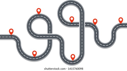 Auto trip map. Asphalt Road path with red Pins. Place on road, navigation map, infographic element. Isolated vector illustration.