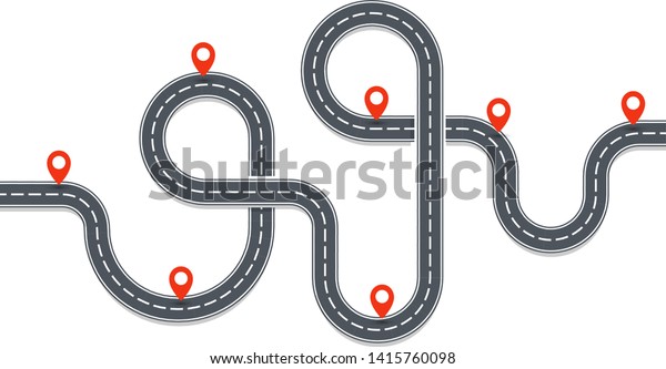 Auto trip map. Asphalt Road path with red\
Pins. Place on road, navigation map, infographic element. Isolated\
vector illustration.