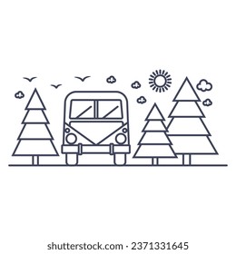 Auto trip through the Christmas tree forest. Isolated illustration on white. Recreation in nature, tourism.