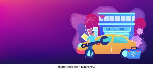 Auto tuner with wrench and toolbox doing vehicle modification at car service. Car tuning, car body shop, vehicle music upgrade concept. Header or footer banner template with copy space. svg
