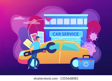 Auto Tuner With Wrench And Toolbox Doing Vehicle Modification At Car Service. Car Tuning, Car Body Shop, Vehicle Music Upgrade Concept. Bright Vibrant Violet Vector Isolated Illustration