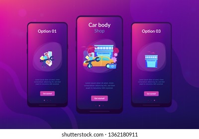 Auto tuner with wrench and toolbox doing vehicle modification at car service. Car tuning, car body shop, vehicle music upgrade concept. Mobile UI UX GUI template, app interface wireframe