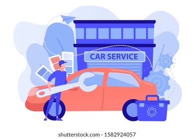 Auto tuner with wrench and toolbox doing vehicle modification at car service. Car tuning, car body shop, vehicle music upgrade concept. Pinkish coral bluevector isolated illustration