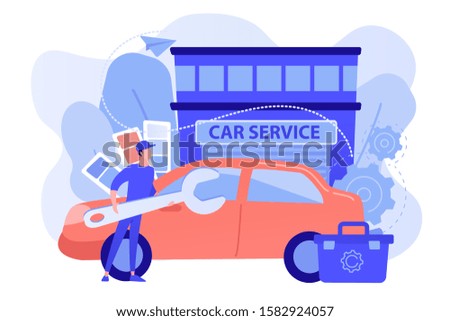 Auto tuner with wrench and toolbox doing vehicle modification at car service. Car tuning, car body shop, vehicle music upgrade concept. Pinkish coral bluevector isolated illustration