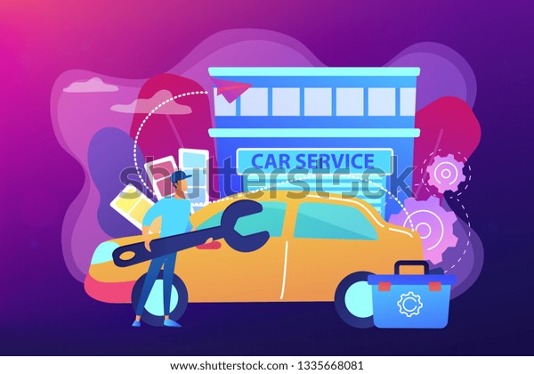 Auto
tuner with wrench and toolbox doing vehicle modification at car
service. Car tuning, car body shop, vehicle music upgrade concept.
Bright vibrant violet vector isolated
illustration