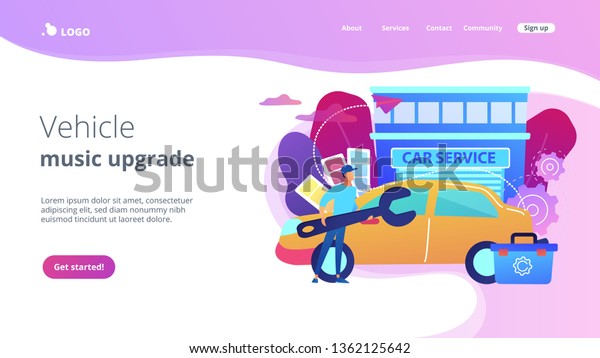 Auto\
tuner with wrench and toolbox doing vehicle modification at car\
service. Car tuning, car body shop, vehicle music upgrade concept.\
Website vibrant violet landing web page\
template.