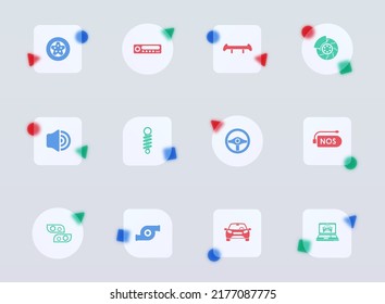 auto tuning glass morphism trendy style icons. auto tuning transparent glass color vector icon with color figures. for web and ui design, mobile apps and promo business advertising