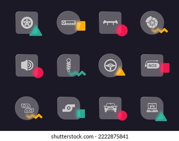 auto tuning glass morphism trendy style icons. auto tuning transparent glass vector icons with color memphis figures. for web and ui design, mobile apps and promo business advertising