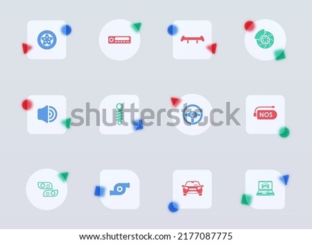 auto tuning glass morphism trendy style icons. auto tuning transparent glass color vector icon with color figures. for web and ui design, mobile apps and promo business advertising