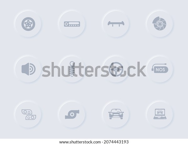auto tuning gray vector icons on round rubber\
buttons. auto tuning icon set for web, mobile apps, ui design and\
promo business polygraphy