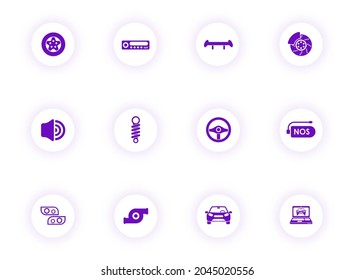 auto tuning purple color vector icons on light round buttons with purple shadow. auto tuning icon set for web, mobile apps, ui design and print
